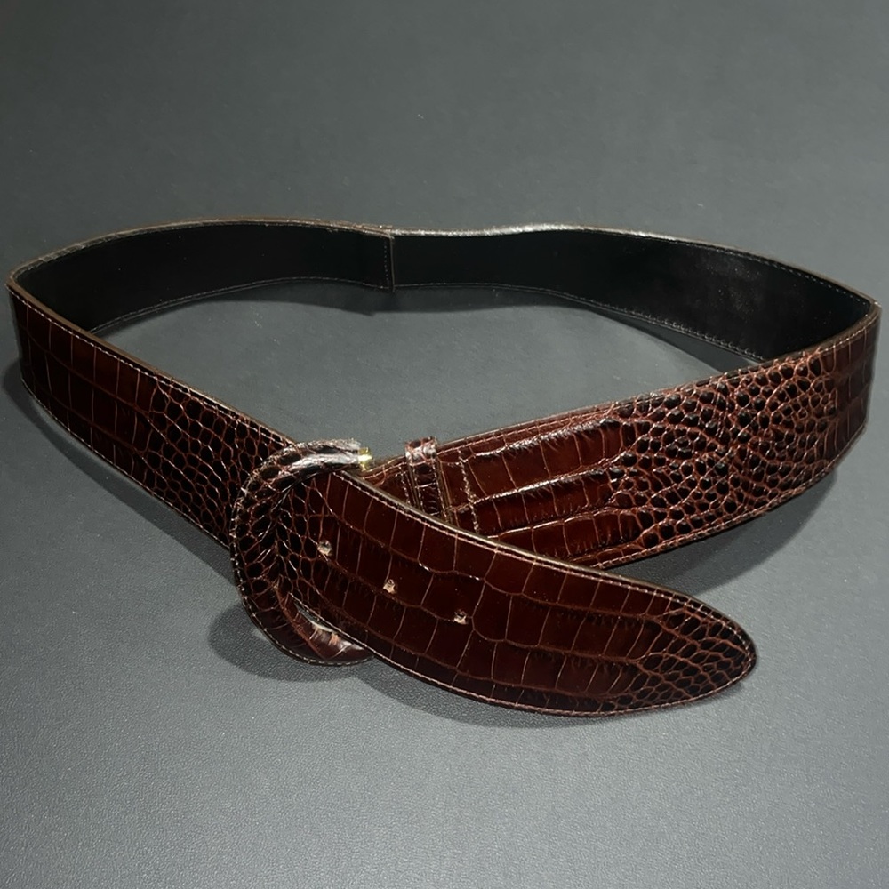 Genuine US made brown leather belt with gold fastenings. Vintage, croc print